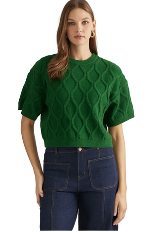 a woman wearing a Pine Short Sleeve Cable Knit Sweater