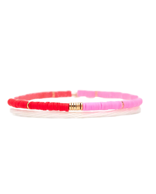 Pink and Red Vinyl Disc Bead Stretch Bracelet Set