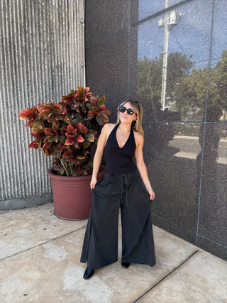 Pintuck Wide Leg Pant Washed Black Drawstring