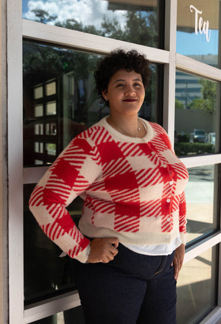 Plaid Cardigan Sweater Red and Cream Button Front