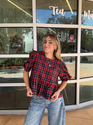 Plaid Short Sleeve Top red white navy bow at sleeve