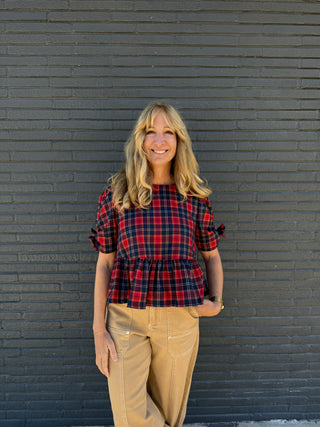  Plaid Short Sleeved Top Red Navy White