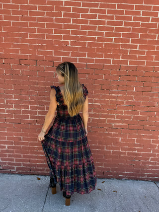 Blue and Red Plaid Smocked Tiered Midi Dress