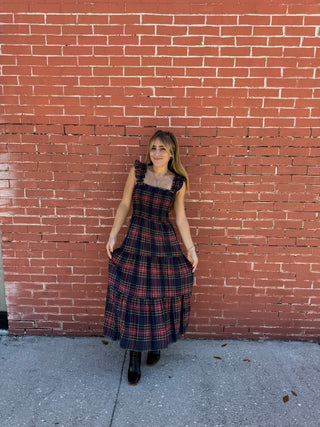 plaad midi dress smocked top with straps at shoulders