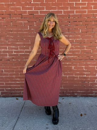 Plaid with Bow Detail Midi Dress Velvet burgundy elastic back