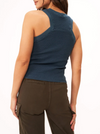 Player Racerback Rib Tank in Spruce Blue  The new number one player in your wardrobe.  The Player Fitted Racerback Rib Tank is as comfortable as your favorite, basic tank with some added flattering touches. This style features a high crew neckline, slub ribbed fabric, racerback silhouette, and contrast rib edges. Flattering and versatile, expect this to be your new favorite piece for day, night, or anything in between. back