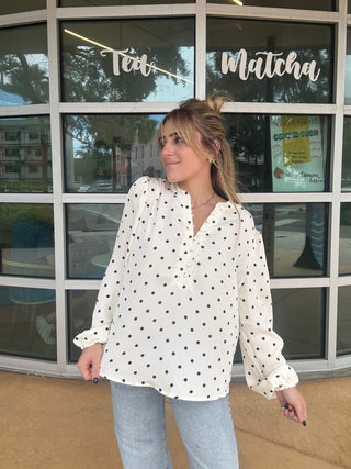 Polka Dot Henley Blouse Cream Black