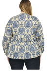 Polly Printed Blouse features a baby doll long sleeve style with a ruffle detail.  Back View. 100% Cotton