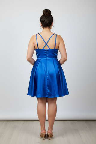 back view of semi formal blue dress on a woman