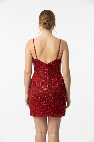 Red sequin dress on a model against a  curtain background