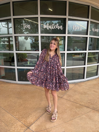 Puff Sleeve Tiered Short Dress Cranberry purple