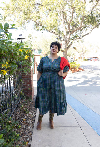 Puff Sleeve Woven Plaid Midi Dress Red Navy Green 