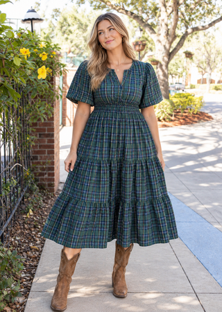 woman wearing a green and blue plaid midi dress