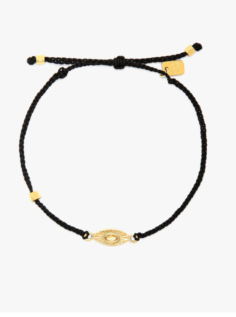 Pura Vida Sunburst Eye Charm Gold Bracelet  With both the strength of the protective eye and the promise of a new day, this design elevates a piece from every day to one of bold embodiment.  Introducing our New Dainty String! A little bit about our new Dainty String... - More delicate version of our existing string - This string is unwaxed and has a softer feel - Waterproof and resilient - Sturdy yet elevated - Rectangle P tag - 2 faceted gold beads at string ties
