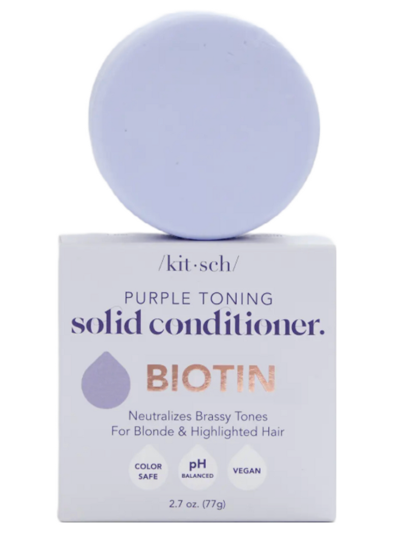 Purple Toning Solid Conditioner Bar  The world's first solid purple conditioner bar with biotin! For all blondes: color-treated, highlighted, & natural. Neutralizes unwanted brassiness and yellow undertones. Enriched with biotin to boost shine, reduce dullness & strengthen your hair Enjoy smoother, stronger & more vibrant blonde hair after just one use! Free of parabens, phthalates, silicones, sulfates, & artificial fragrance Reduces single-use plastic: saves two bottles of liquid shampoo or conditioner.