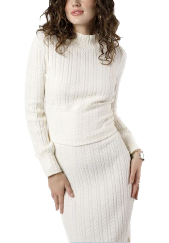Raquel White Pullover  Soft mock neck cable knit sweater in ivory.  Material: 63% acrylic, 26% polyester, 11% nylon