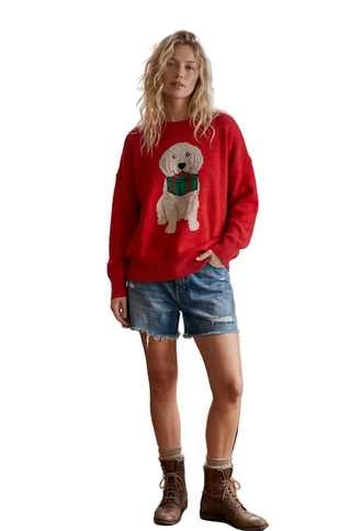 a woman wearing Red Christmas Puppy Graphic Sweater