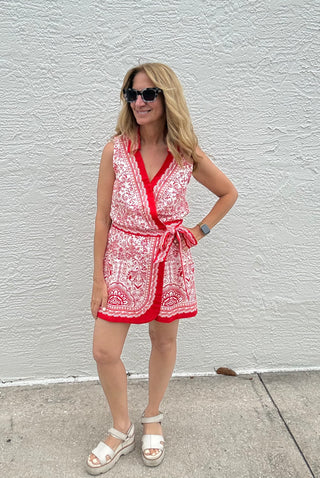 woman in a Red and White Linen  Tie Romper
