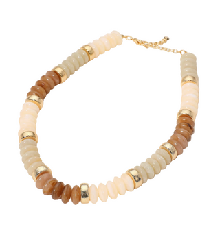 Necklace with beige and brown beads on a white background