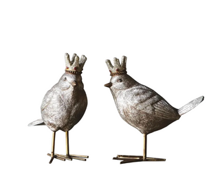 Two decorative bird figurines with textured metallic silver bodies, small gold crowns, and gold legs, shown on a plain white background.