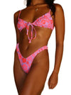 Retro Y Thong Bikini Bottom Cherry Berry  This is a 'g-string' thong bottom that is perfect for laying out in the sun and keeping tan lines extremely low! Girls who buy this bottom are not shy and enjoy a true brazilian cut with a slim front design.   Elastic 'scrunchie' waistband - easy to hike up on hips giving the illusion of longer legs  This bottom remains a thong cut even when sizing up - skinniest side is the back