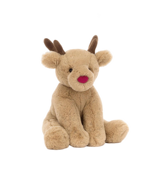 Stuffed reindeer toy on a white background with a website navigation bar at the top.