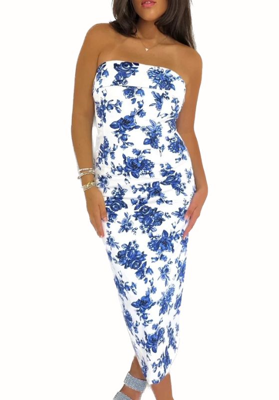 Rosey Blue - Tube Dress  Tube bodycon floral print midi dress dress with top foldover detail. Back invisible zipper. Back slit. Lining.  MATERIAL: 97% RAYON 3% SPANDEX