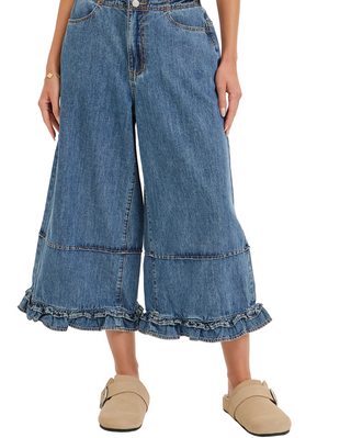 A person wearing high-waisted wide-leg cropped denim shorts in medium blue wash, with a ruffled hem and beige slip-on mule shoes, shown against a plain light background.