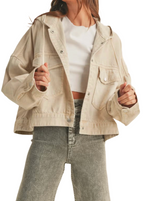 Sand Dunes Hooded Jacket  This oversized, washed beige cotton jacket exudes a relaxed, vintage-inspired charm. Featuring a comfortably roomy fit and a practical hood, it's perfect for casual, everyday wear.  Its muted, earthy tone and soft texture make it a versatile addition to any wardrobe.  Material:  100% Cotton