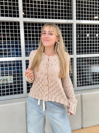 Scallop Knit Cardigan in Beige cotton button front light weight