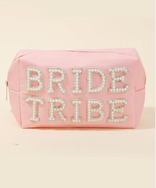 Bride Tribe Print Cosmetic Bag Pearl and Rhinestone