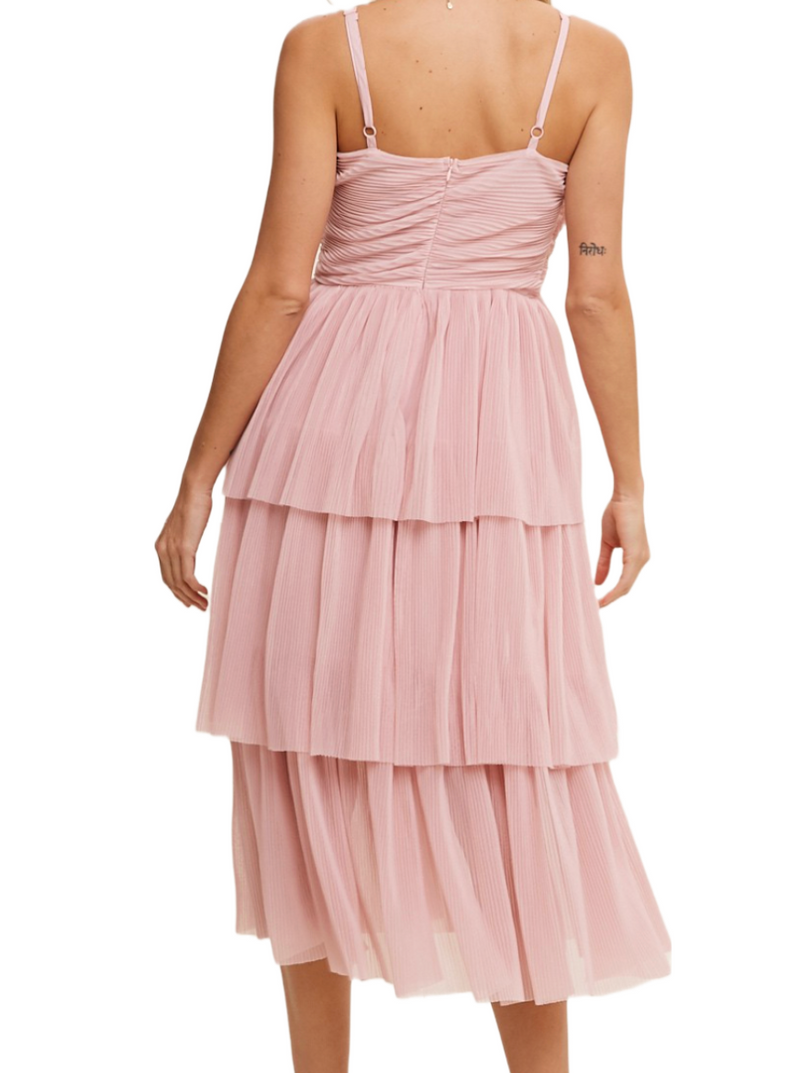 Champagne Toast Ruffled Tulle Dress  Tiered ruffle tulle midi dress  - Adjustable shoulder strap  - Zip Closure on back  - Lined  100% Polyester back