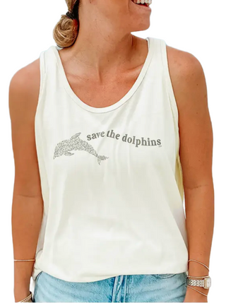 Save The Dolphins Wave Racer Tank Top Cream  30A® shirts are made from recycled plastic bottles that could otherwise end up in our oceans. Every super soft 30A® shirt saves about eight plastic bottles from landfills. They're blended with cotton so they're incredibly soft.  •  Made in Guatemala  Material:  60% BCI Cotton / 40% Repreve recycled polyester