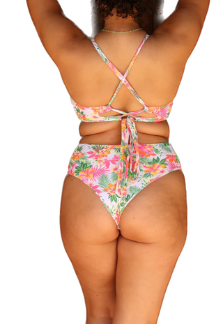 Bikini Bottom in Cabo Kiss  HIGH WAIST CHEEKY BIKINI BOTTOM This is a high waist cheeky cut bottom that is defined as 'not too revealing yet shows off just enough'! Girls who buy this style aren't worried about needing bum coverage and say that the waistband usually sits a few centimeters below the belly button.  back