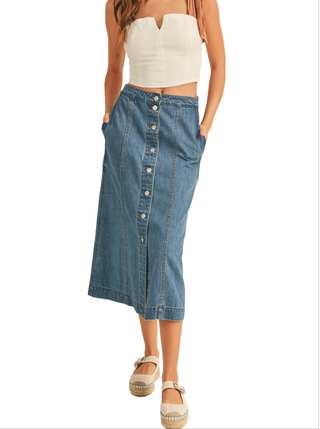 Blue for You Denim Midi Skirt  Denim midi skirt with button front and side inseam pockets  Material:  100% Cotton