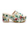Terry Floral Platform Heel  Vegan, self-wrapped platformed heel.  Details:  Textile upper. Manmade outsole. 3 in / 7.62 cm heel. 1.5 in / 3.81 cm platform. Synthetic leather lining. Padded insole. Slip-on style.