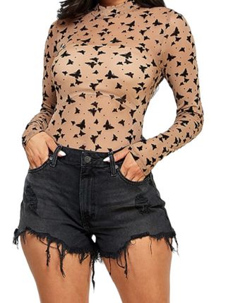 Butterflies Are Free Bodysuit  Flocked butterfly print on mesh silhouette bodysuit with snap closure.   Material: 93% Polyester, 7%Spandex