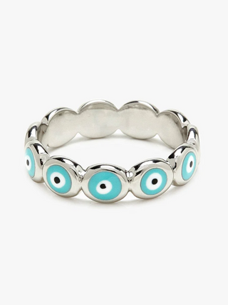 Pura Vida Evil Eye Band Ring  Looking for good vibes only? Then look no further than our Protective Eye Band Ring! Available in a silver finish, this classic accessory is believed to bring good fortune to anyone lucky enough to wear it. So, take a chance and rock it - and you may just be surprised what comes your way!