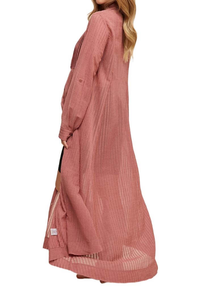 Fearless Rose Button Down Maxi Dress   Long button down shirt maxi dress - Long sleeve with button on cuffs - Hidden side seam pockets - Finished with clean hem - Model is 5' 8" 30-24-35 and wearing a size Small  Material:  85% Viscose, 15% Nylon back
