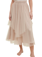 Celestial Layers Tulle Skirt  Double layered tulle midi skirt with elastic waistband.  Line  Material: Self: 100% Polyester  Lining:  97% Polyester, 3% Spandex