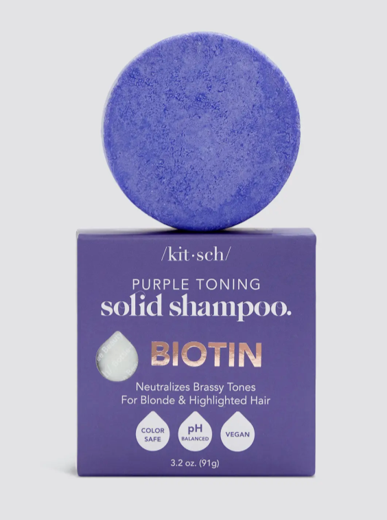 Purple Toning Solid Shampoo Bar  The world's first solid purple shampoo bar with biotin! For all blondes: color-treated, highlighted, & natural. Neutralizes unwanted brassiness and yellow undertones. Enriched with biotin to boost shine, reduce dullness & strengthen your hair Enjoy smoother, stronger & more vibrant blonde hair after just one use! Free of parabens, phthalates, silicones, sulfates, & artificial fragrance Reduces single-use plastic: saves two bottles of liquid shampoo or conditioner.
