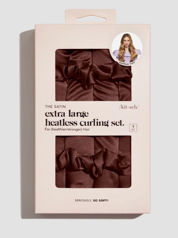 Satin Heatless Curling Set - XL Chocolate  Kitsch Satin Heatless Curling Set allows you to create the perfect waves or curls for a beautiful style - without the heat damage! The satin construction keeps your hair frizz-free and prevents breakage. Simple to use and can be worn day or night! Set includes a foam curling rod & two scrunchies that gently secure your hair.