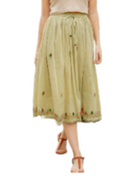 Mountain Laurel Embroidered Skirt  Mid length skirt,  crinkled gauze, fully lined with two pockets.  Floral embroidery. Because these skirts have been overdyed and stonewashed, the color may differ slightly from the image. 