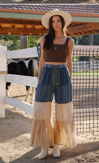 Boho Tiered Patch Inserted Denim Lace & Knit Pants