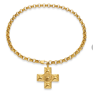 18K Gold Plated Stainless Steel Cross Pendant Necklace With Spiral Texture Hammered Metal Chunky Rolo Chain For Women