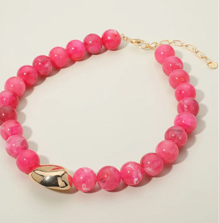 Polished Metal Bean Accent Bold Marbled Ball Beaded Statement Necklace