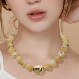 Polished Metal Bean Accent Bold Marbled Ball Beaded Statement Necklace