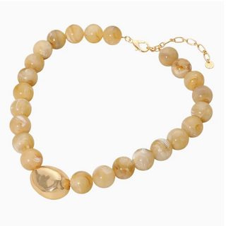 Polished Metal Bean Accent Bold Marbled Ball Beaded Statement Necklace