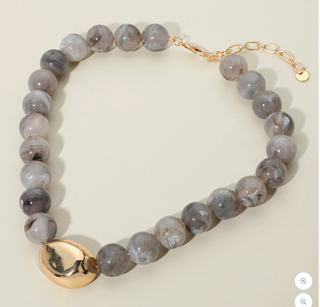Polished Metal Bean Accent Bold Marbled Ball Beaded Statement Necklace