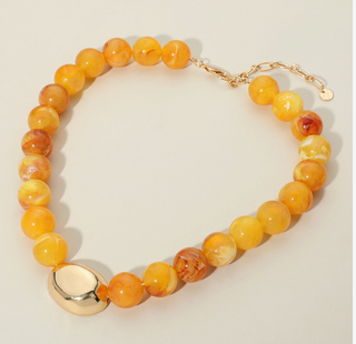 Polished Metal Bean Accent Bold Marbled Ball Beaded Statement Necklace